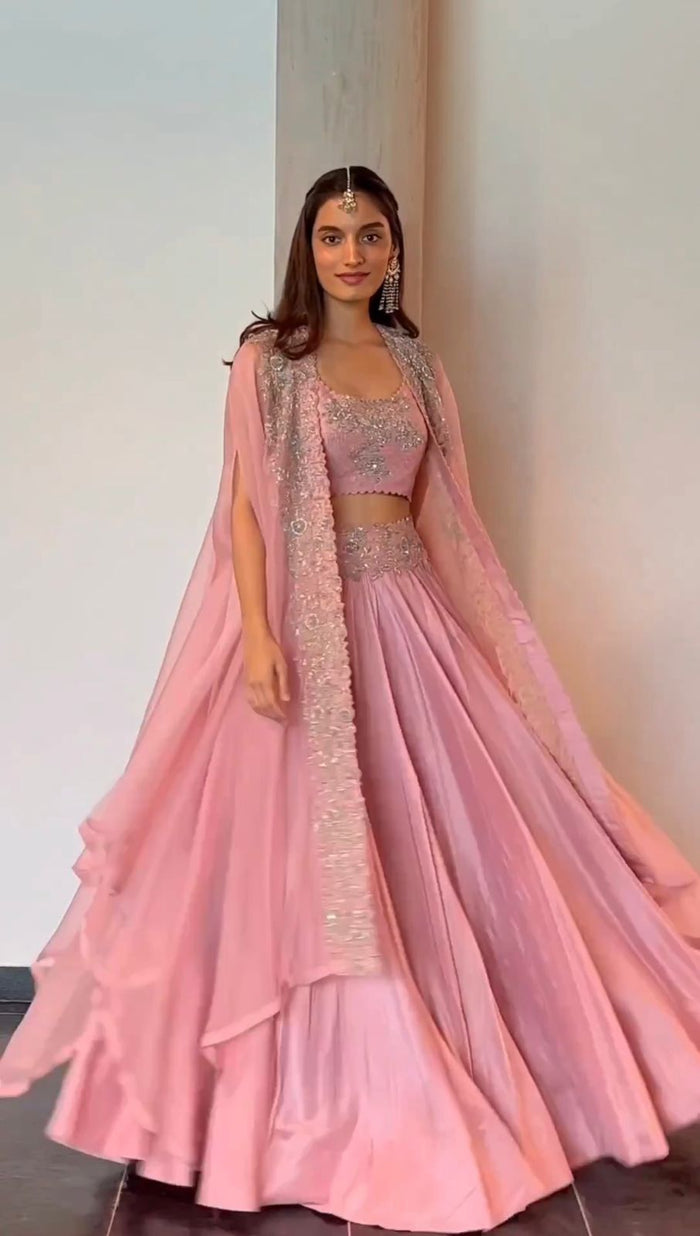 Amazing Blush Pink Chinon Lehenga Choli with Embroidered Organza Shrug