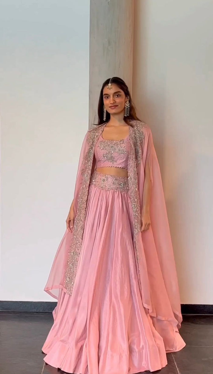 Amazing Blush Pink Chinon Lehenga Choli with Embroidered Organza Shrug