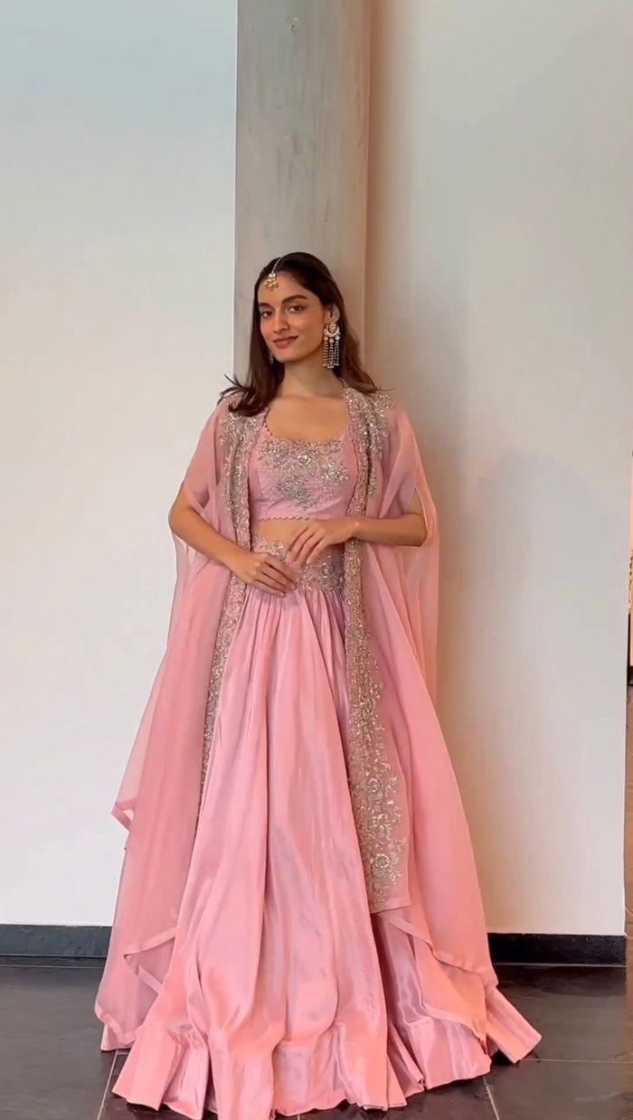 Amazing Blush Pink Chinon Lehenga Choli with Embroidered Organza Shrug