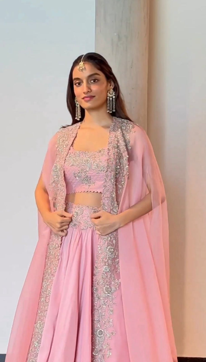 Amazing Blush Pink Chinon Lehenga Choli with Embroidered Organza Shrug