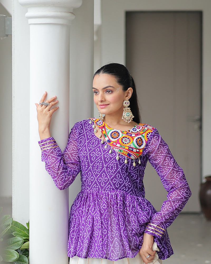 Purple Bandhani Style Peplum Choli With Kora Cotton Lehenga - ETHNICDEAL