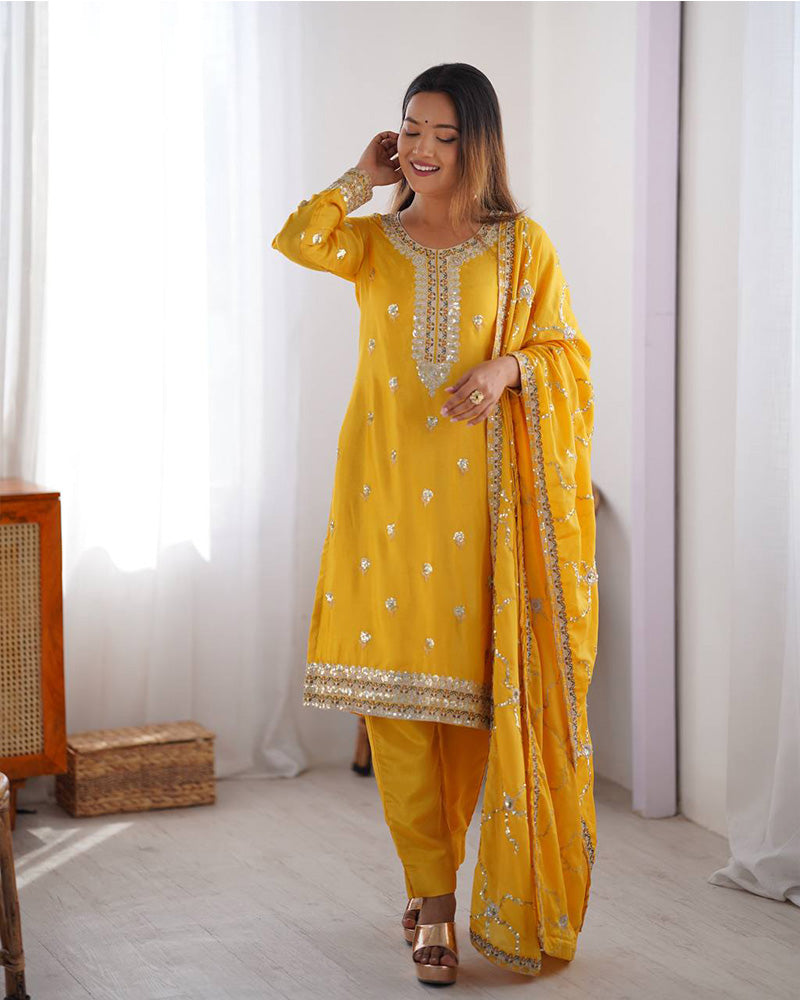 Yellow Color Chinon Silk Embroidered Three Piece Kurti Suit - ETHNICDEAL