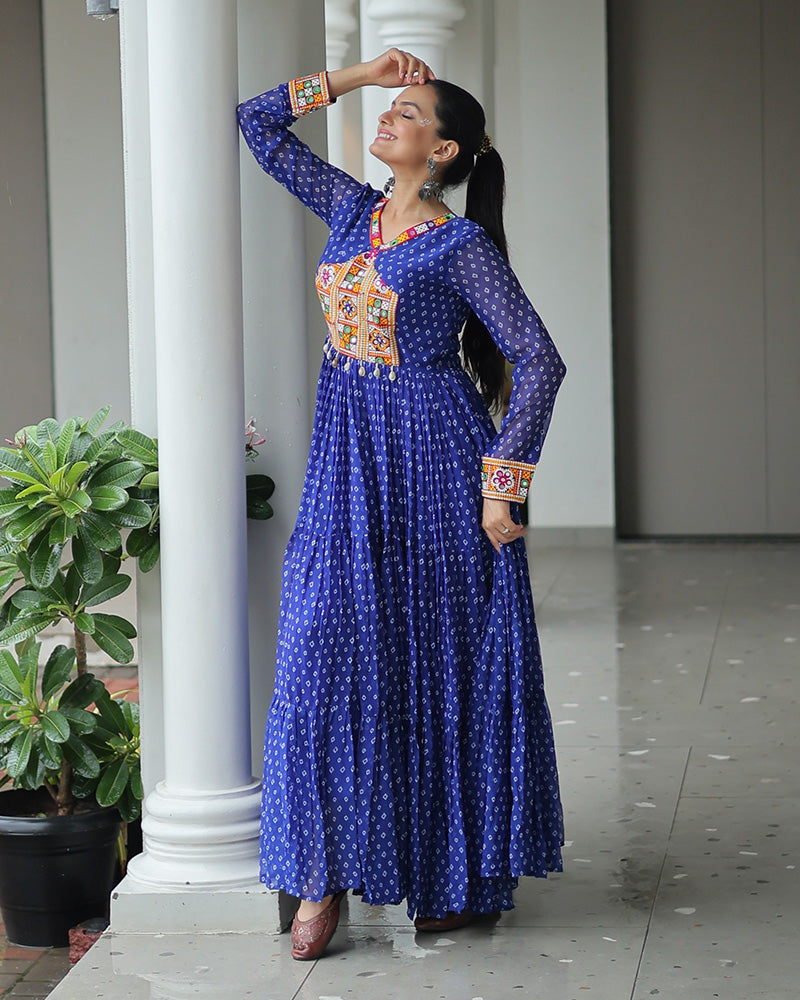 Blue Color Georgette Bandhani Print Navratri Gown - ETHNICDEAL