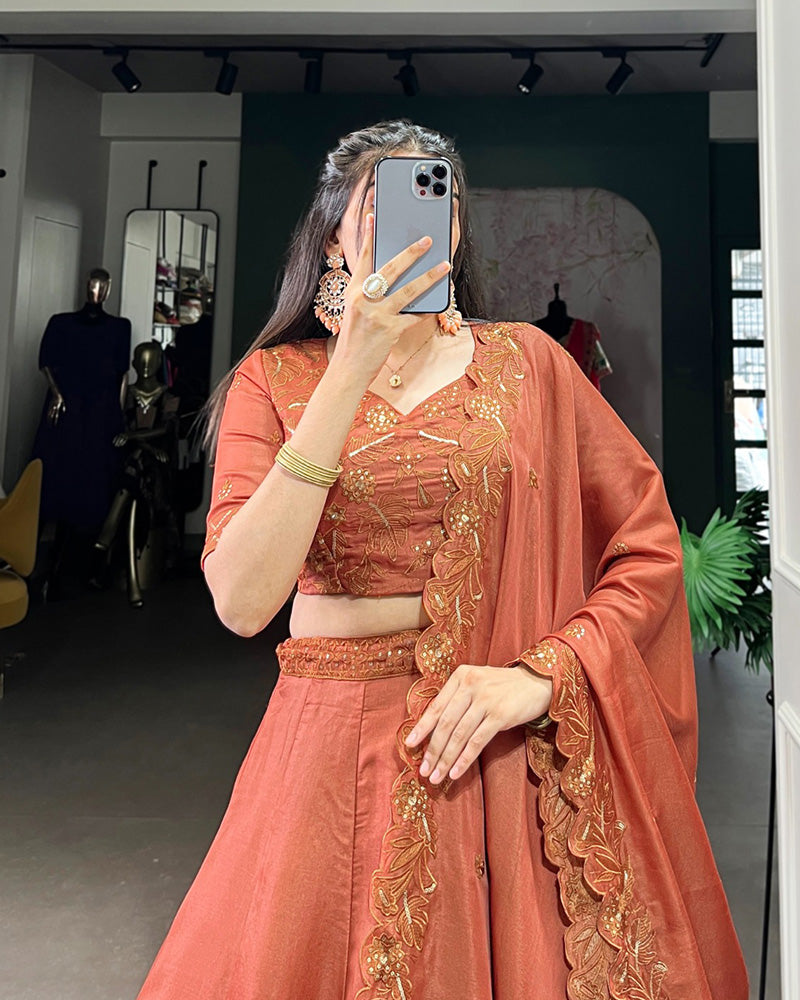 Rust Orange Color Korean Tussar Silk Lehenga Choli - ETHNICDEAL