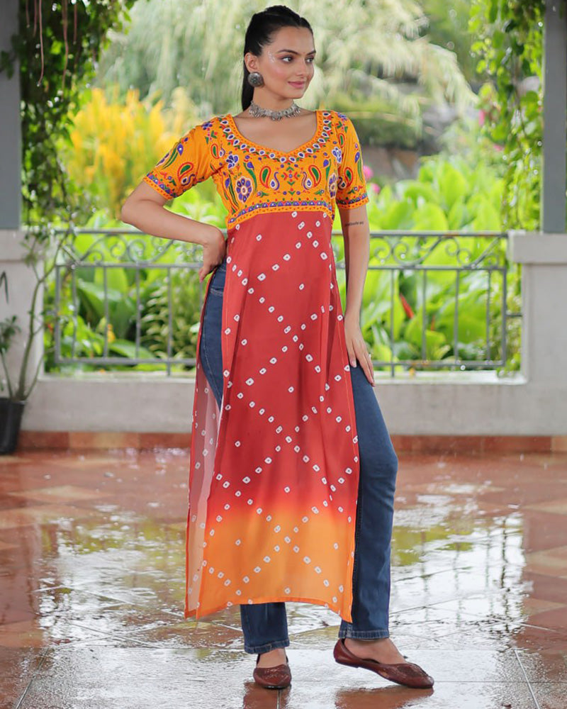 Traditional Rust Orange Color Bandhani Print Navratri Kurti - ETHNICDEAL