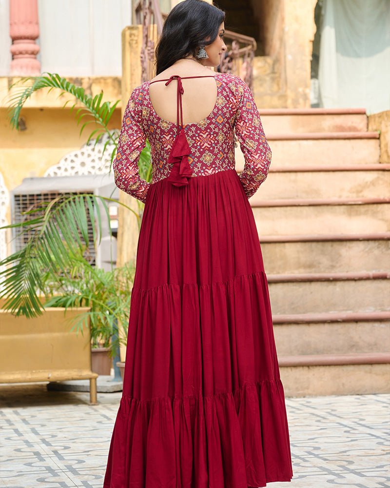 Classic Maroon Mirror Embroidered Rayon Gown For Navratri - ETHNICDEAL