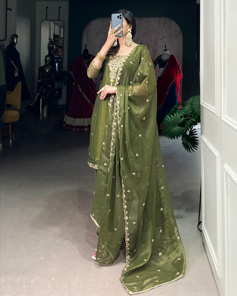 Olive Green Color Gold Coin Three Piece Kurti Suit - ETHNICDEAL