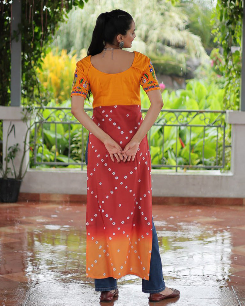 Traditional Rust Orange Color Bandhani Print Navratri Kurti - ETHNICDEAL
