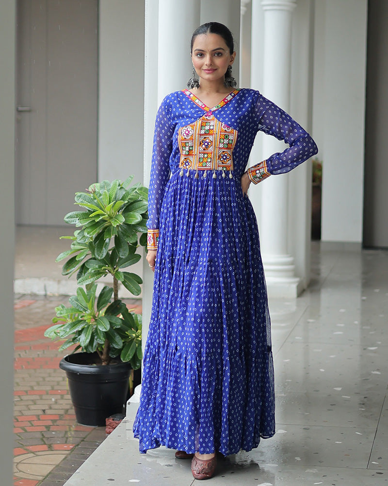 Blue Color Georgette Bandhani Print Navratri Gown - ETHNICDEAL