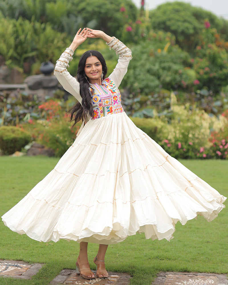 Off-White Color Kora Cotton Multi Threaded Navratri Gown - ETHNICDEAL