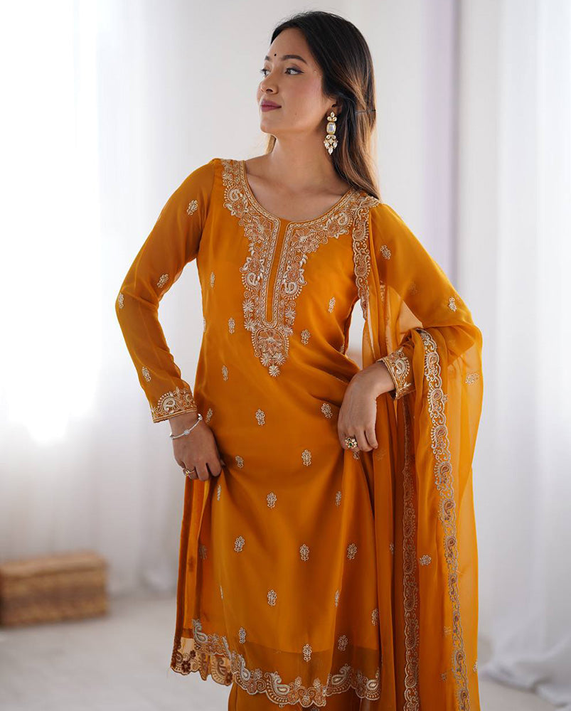 Yellow Color Faux Georgette Three Piece Kurti Suit - ETHNICDEAL