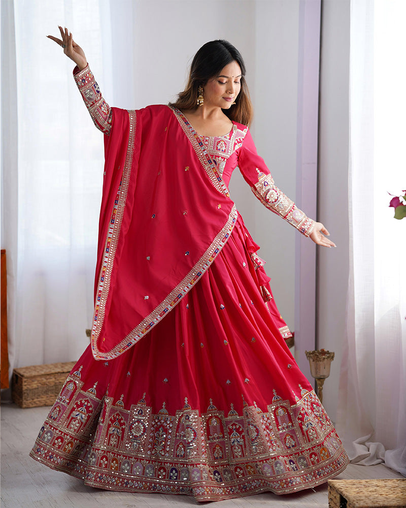 Tomato Color Natural Crepe Silk Lehenga Choli - ETHNICDEAL