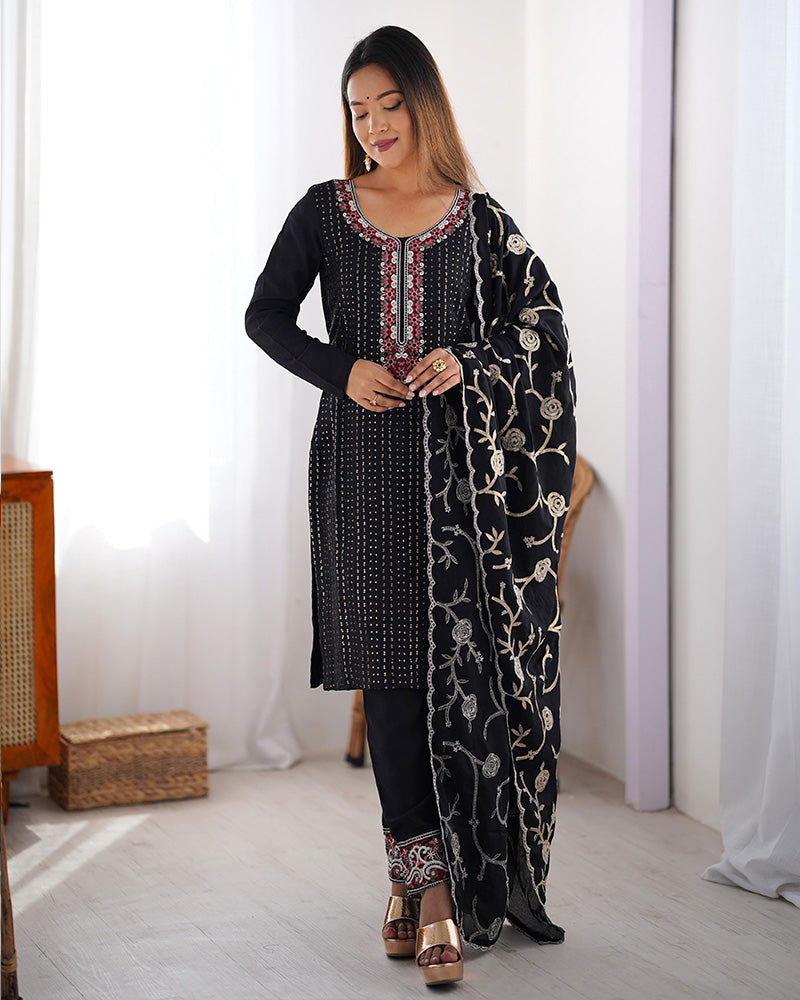 Black Color Chinon Silk Three Piece Kurti Suit - ETHNICDEAL