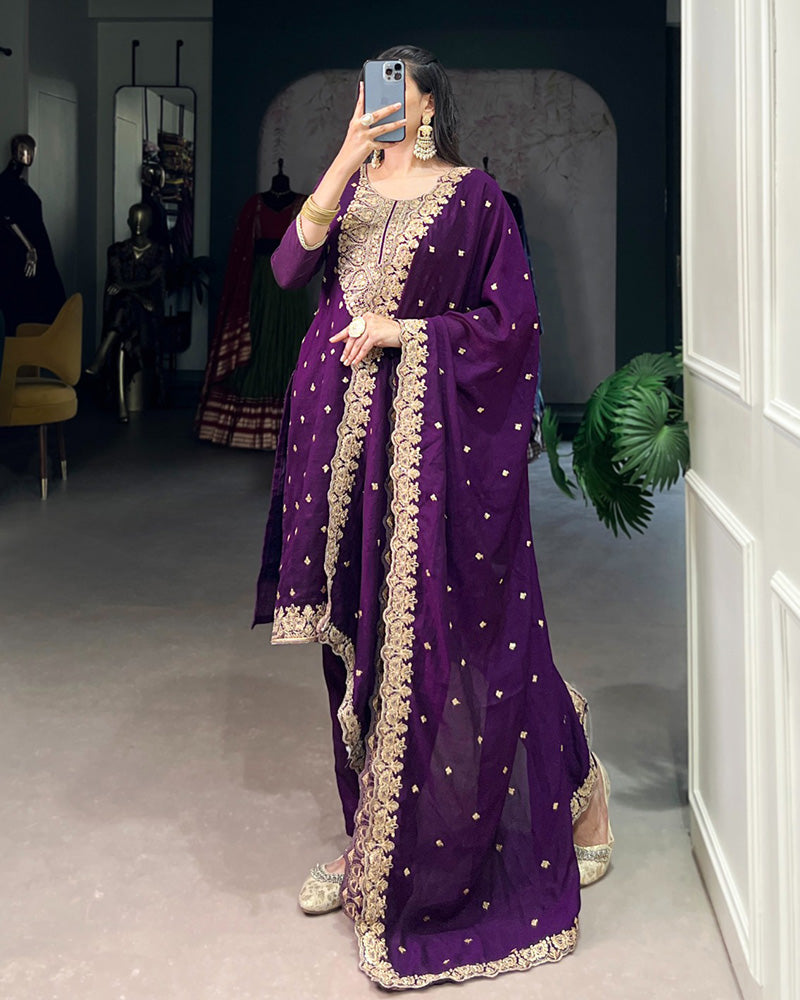 Purple Color Vichitra Silk Embroidered Three Piece Kurti Suit - ETHNICDEAL