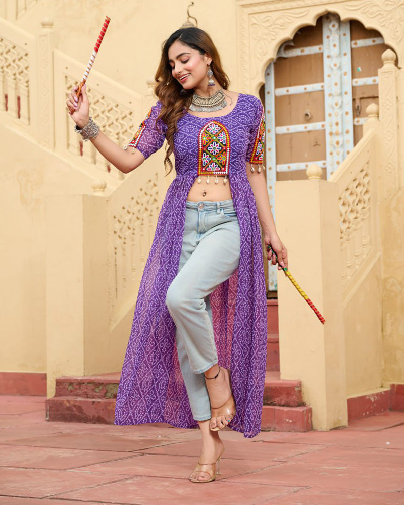Purple Color Georgette Bandhani Print Navratri Kurti - ETHNICDEAL