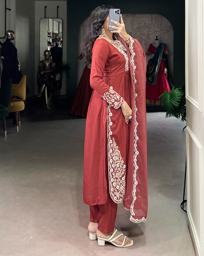 Rust Orange Color Maska Cotton Three Piece Kurti Suit - ETHNICDEAL