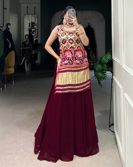 Off White Color Gaji Silk Three Piece Plazo Suit - ETHNICDEAL