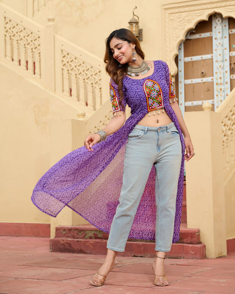 Purple Color Georgette Bandhani Print Navratri Kurti - ETHNICDEAL