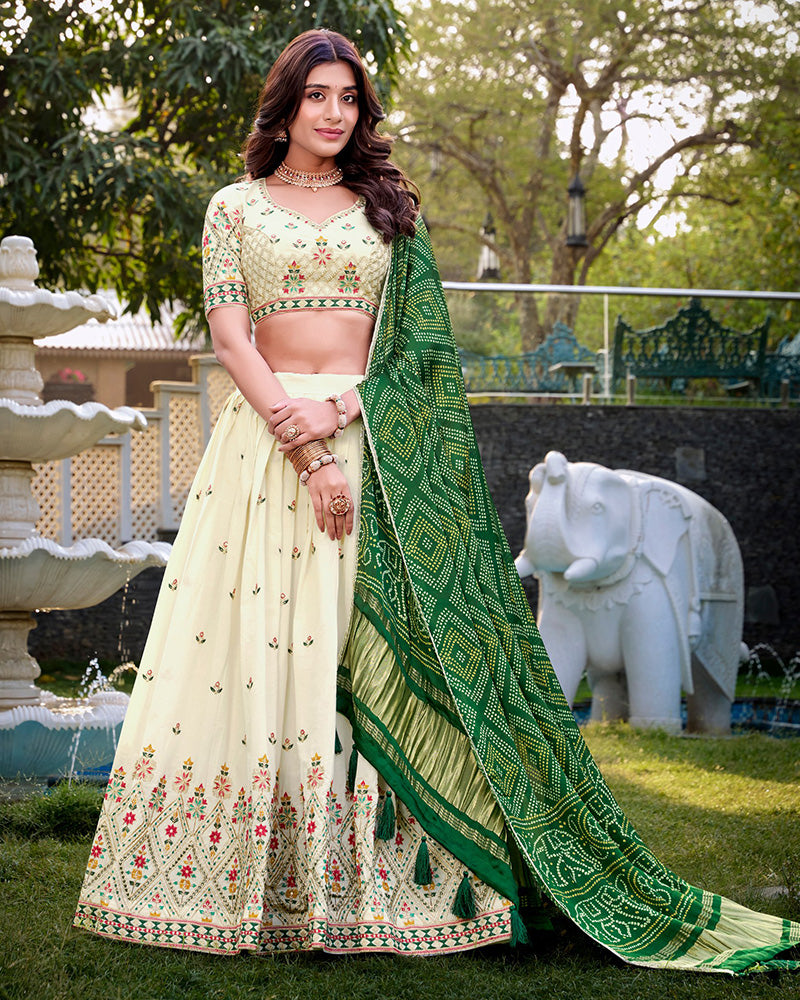 Square Shape Off-White Color Cotton Lehenga Choli - ETHNICDEAL