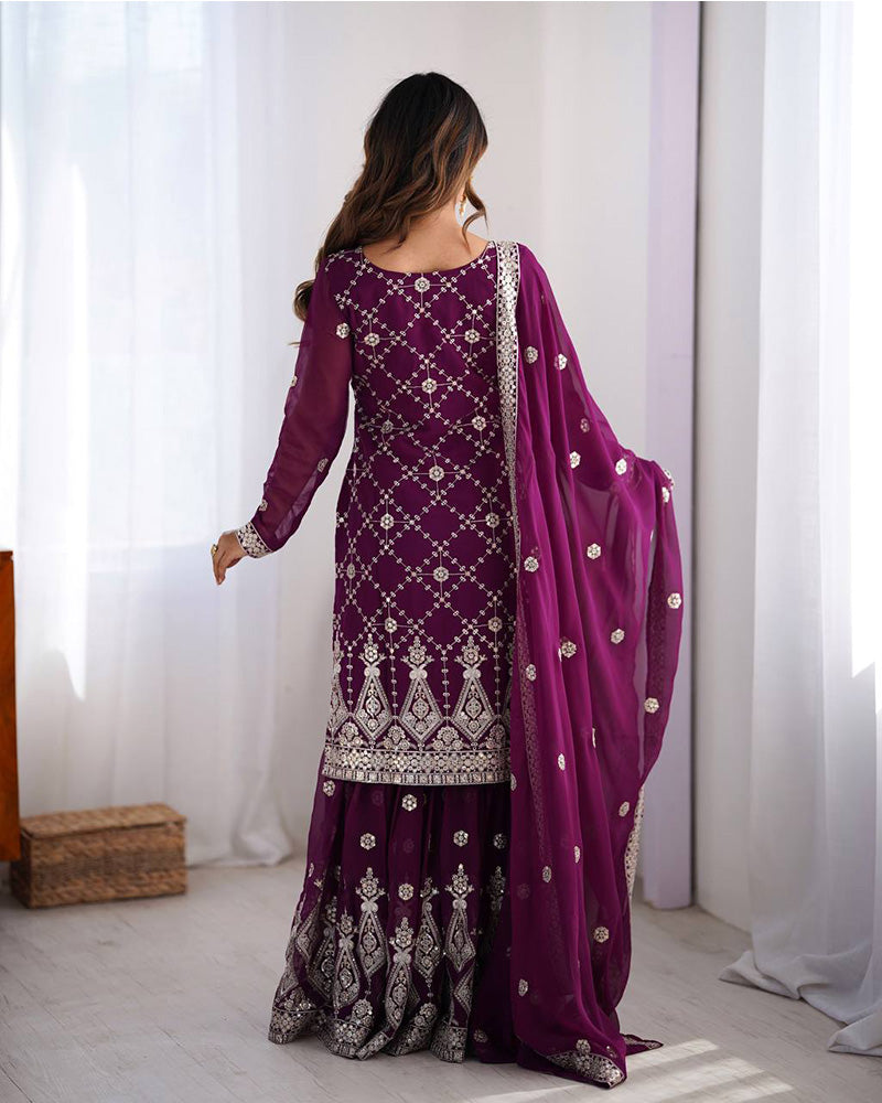 Wine Color Faux Georgette Sharara Suit - ETHNICDEAL