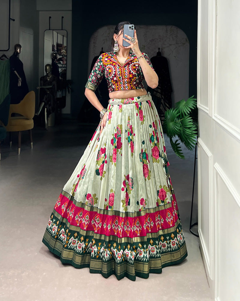 Green Color Tussar Silk Patola Printed Lehenga Choli - ETHNICDEAL