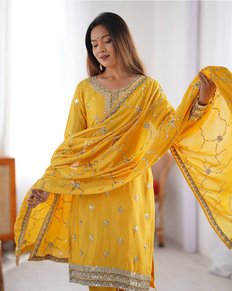 Yellow Color Chinon Silk Embroidered Three Piece Kurti Suit - ETHNICDEAL