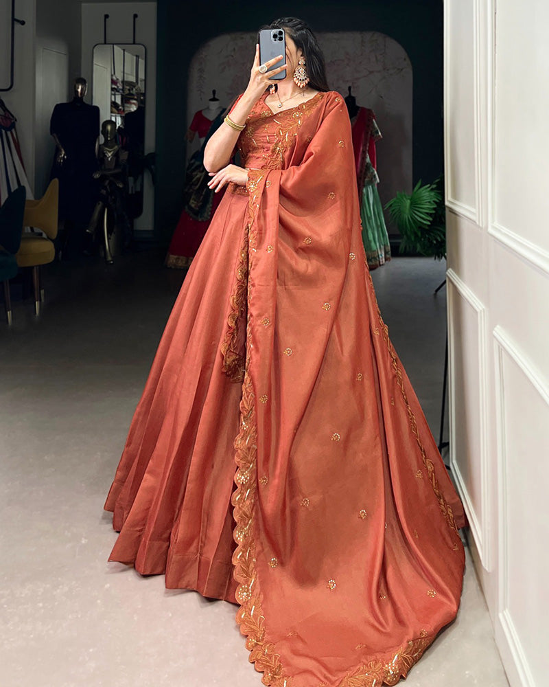 Rust Orange Color Korean Tussar Silk Lehenga Choli - ETHNICDEAL
