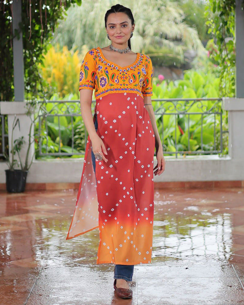 Traditional Rust Orange Color Bandhani Print Navratri Kurti - ETHNICDEAL