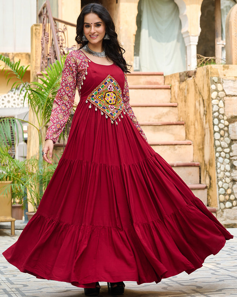 Classic Maroon Mirror Embroidered Rayon Gown For Navratri - ETHNICDEAL