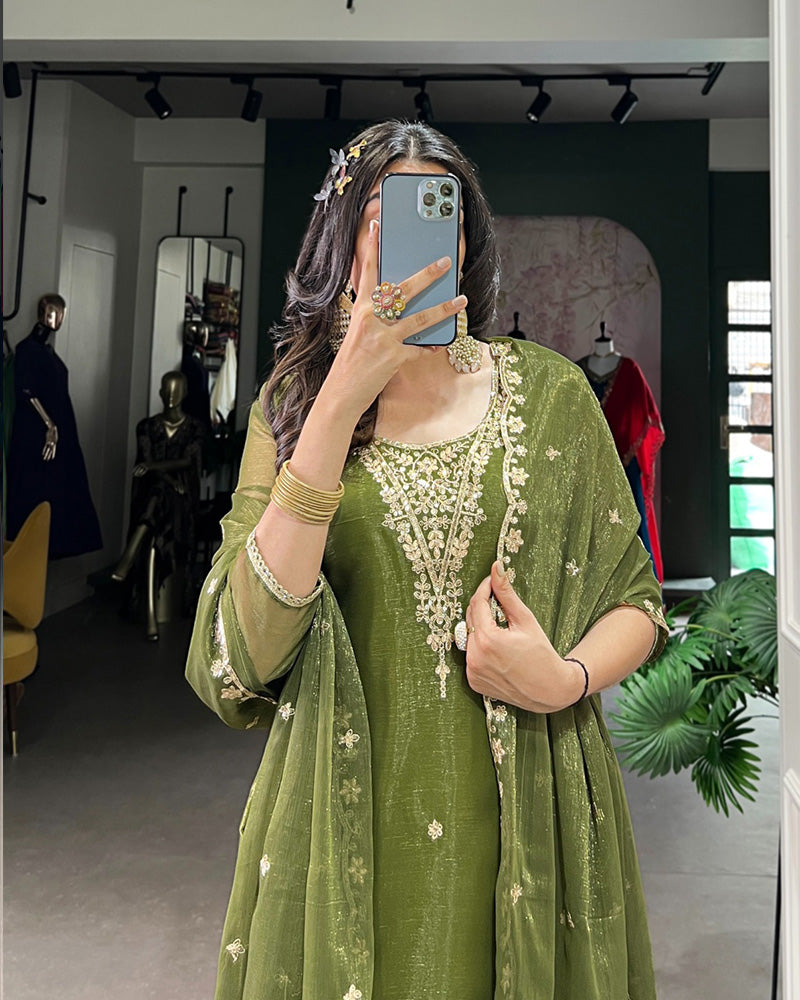 Olive Green Color Gold Coin Three Piece Kurti Suit - ETHNICDEAL