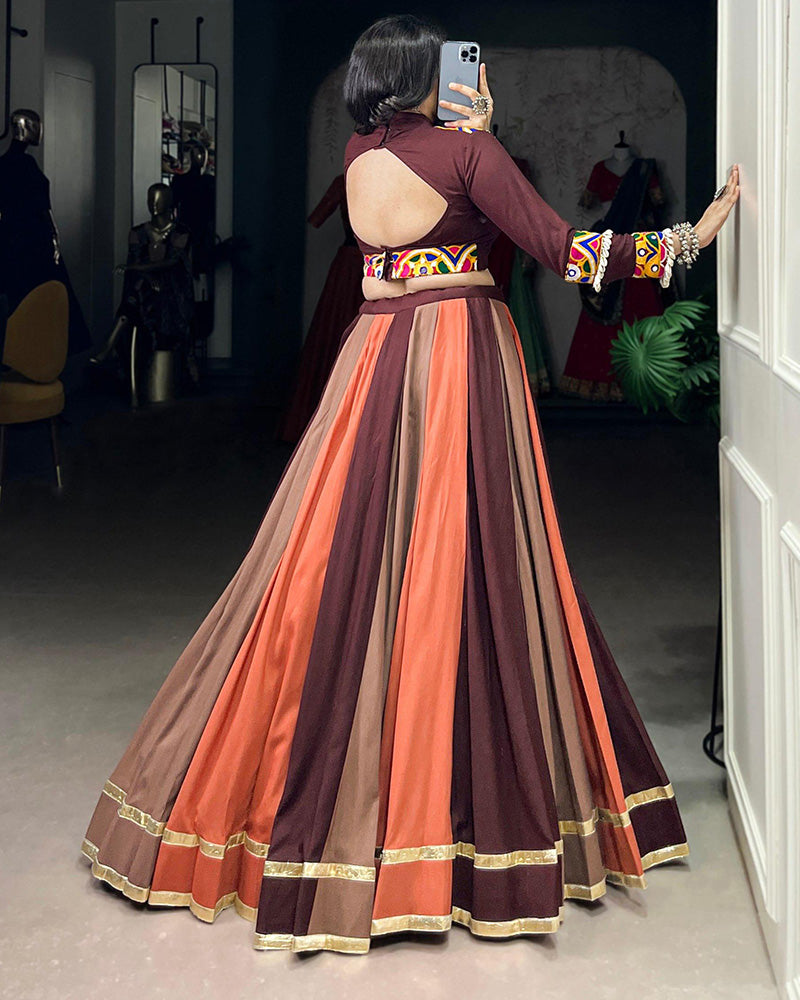 Multi Brown Color Pure Rayon Navratri Lehenga Choli - ETHNICDEAL