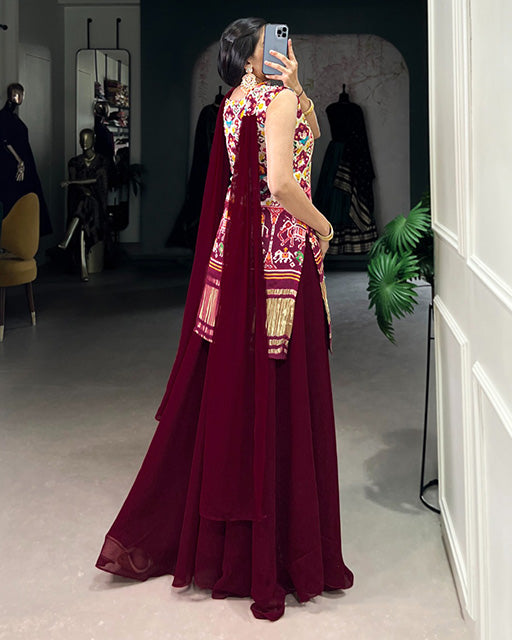 Off White Color Gaji Silk Three Piece Plazo Suit - ETHNICDEAL