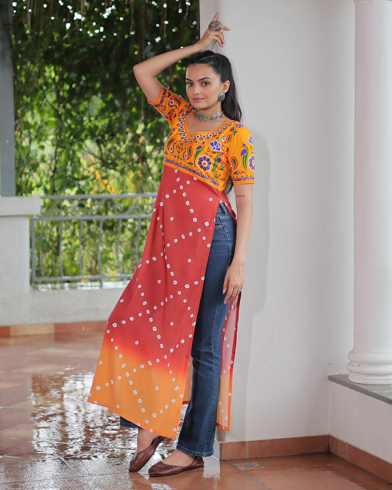 Traditional Rust Orange Color Bandhani Print Navratri Kurti - ETHNICDEAL