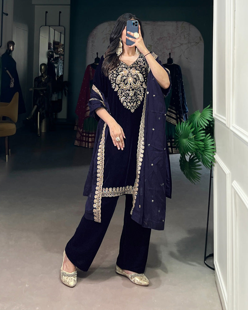Navy Blue Color Velvet Three Piece Kurti Suit - ETHNICDEAL