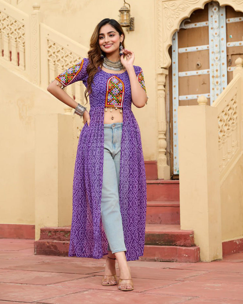 Purple Color Georgette Bandhani Print Navratri Kurti - ETHNICDEAL