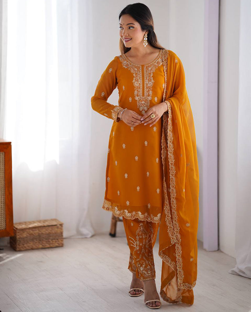 Yellow Color Faux Georgette Three Piece Kurti Suit - ETHNICDEAL