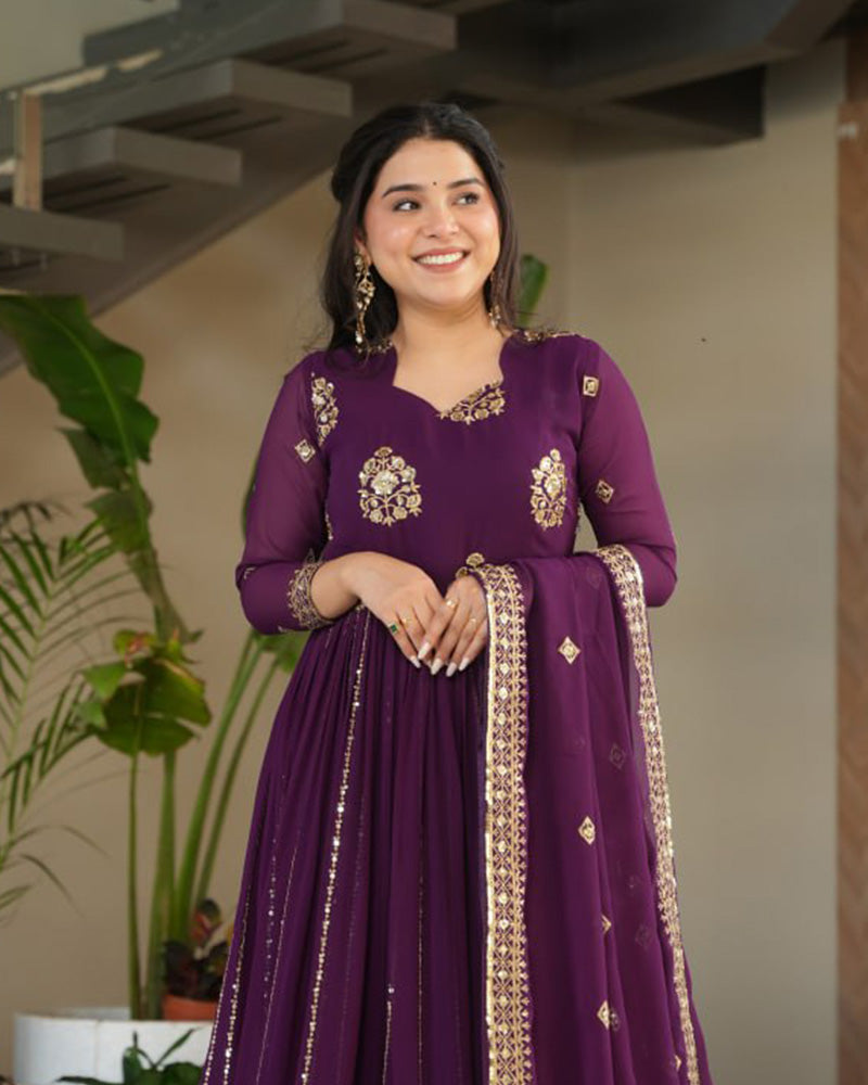 Royal Purple Color Designer Golden Embroidered Gown - ETHNICDEAL