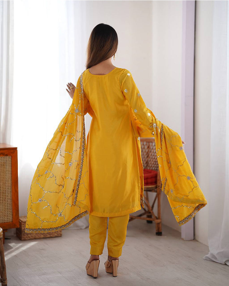 Yellow Color Chinon Silk Embroidered Three Piece Kurti Suit - ETHNICDEAL