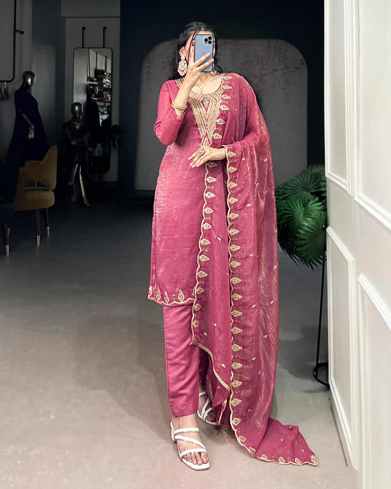 Pink Color Silver Glory Three Piece Kurti Suit - ETHNICDEAL