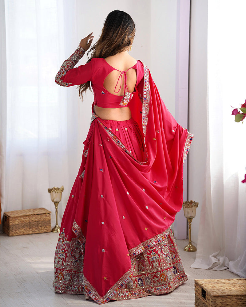 Tomato Color Natural Crepe Silk Lehenga Choli - ETHNICDEAL