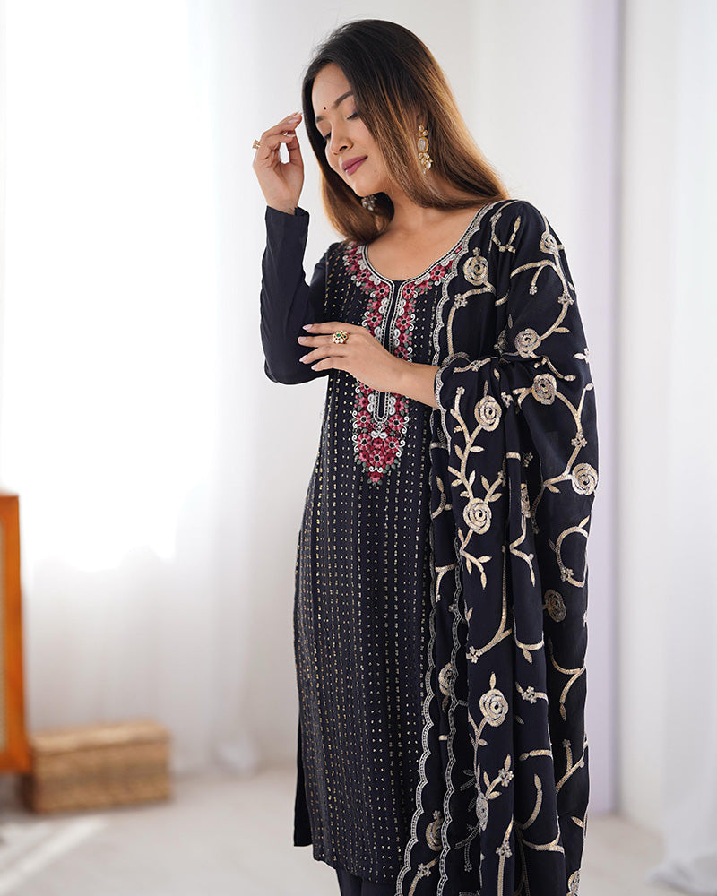 Black Color Chinon Silk Three Piece Kurti Suit - ETHNICDEAL