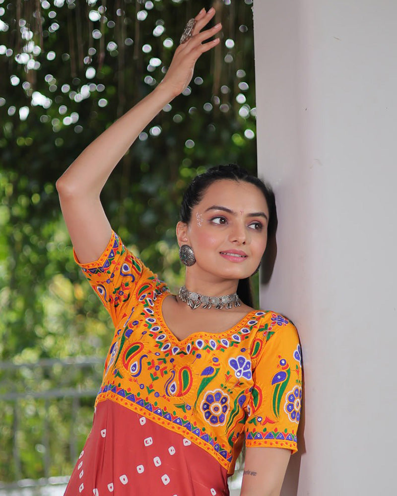 Traditional Rust Orange Color Bandhani Print Navratri Kurti - ETHNICDEAL