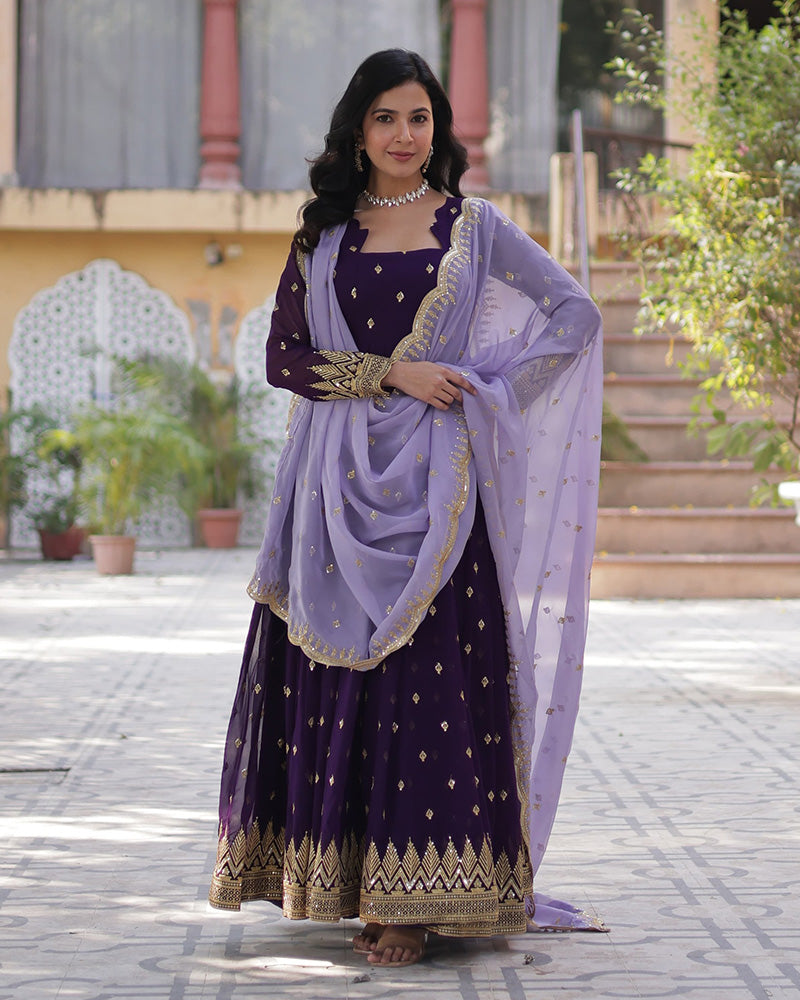 Dark Purple Color Floor Length Gown With Embroidered Dupatta - ETHNICDEAL