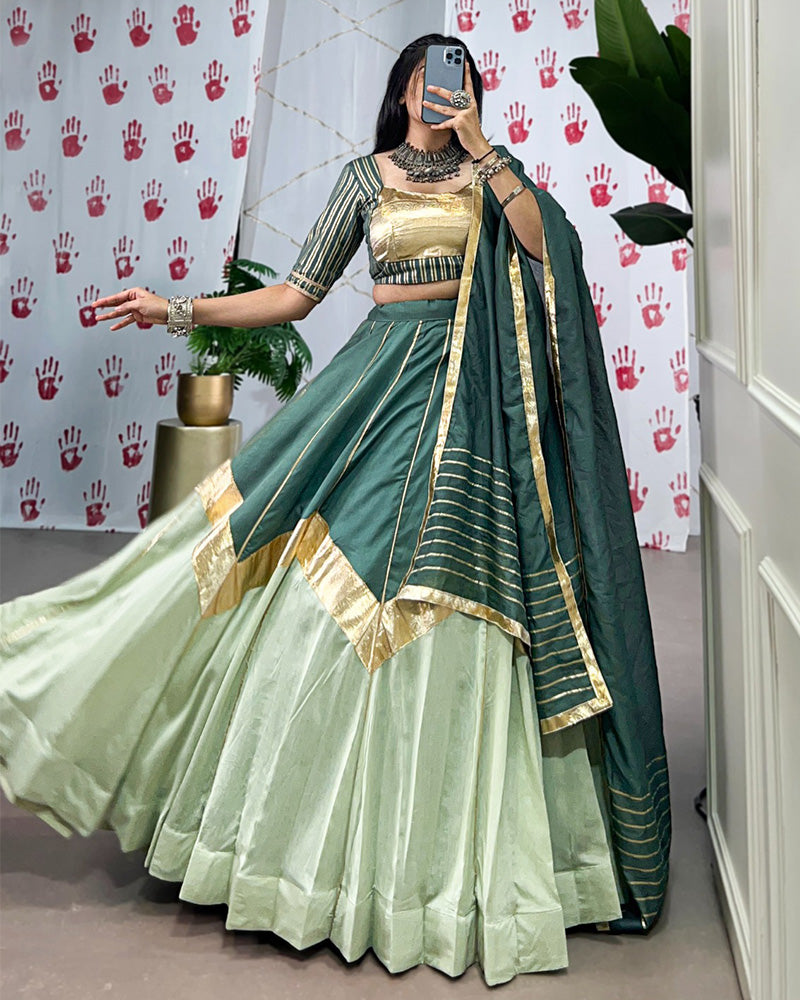 Pista Green Color Pure Chanderi Navratri Lehenga Choli - ETHNICDEAL