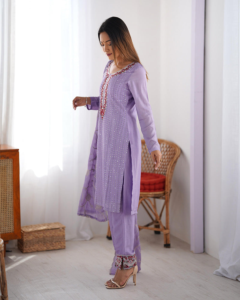 Light Purple Color Chinon Silk Three Piece Kurti Suit - ETHNICDEAL