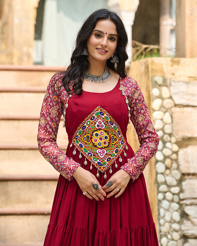 Classic Maroon Mirror Embroidered Rayon Gown For Navratri - ETHNICDEAL