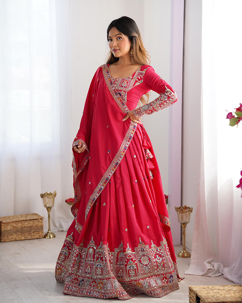 Tomato Color Natural Crepe Silk Lehenga Choli - ETHNICDEAL