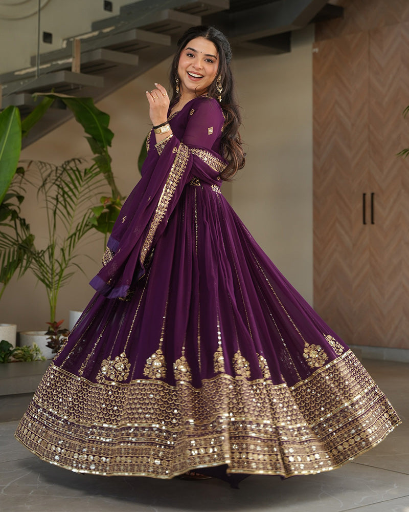 Royal Purple Color Designer Golden Embroidered Gown - ETHNICDEAL