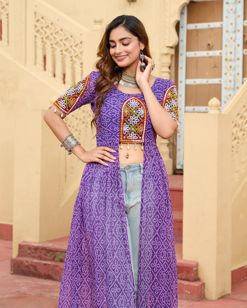 Purple Color Georgette Bandhani Print Navratri Kurti - ETHNICDEAL
