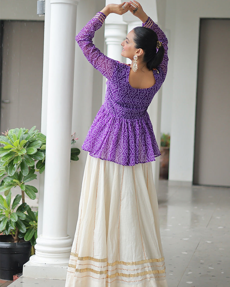 Purple Bandhani Style Peplum Choli With Kora Cotton Lehenga - ETHNICDEAL